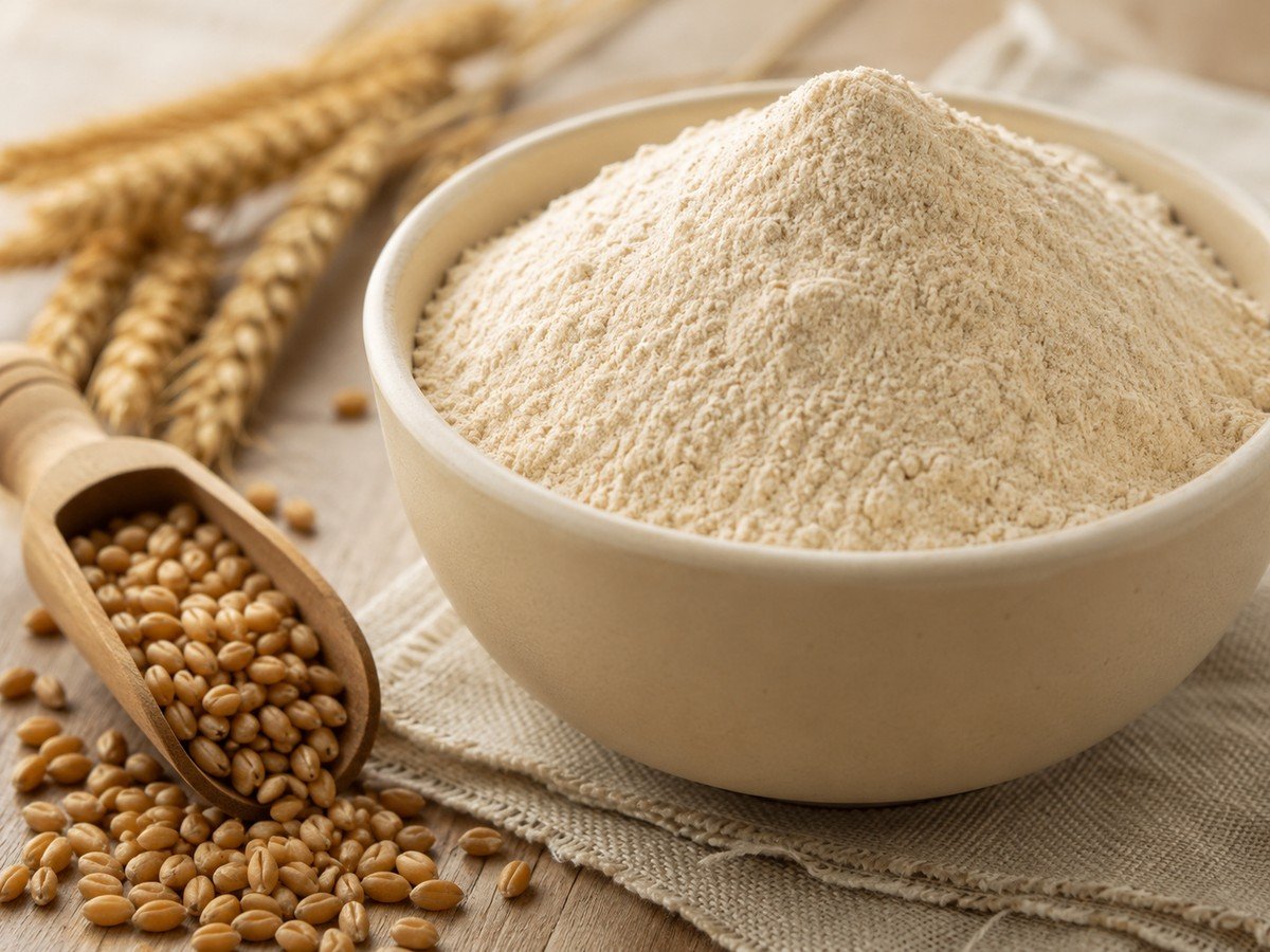 Freshly milled whole wheat atta in a bowl with wheat grains
